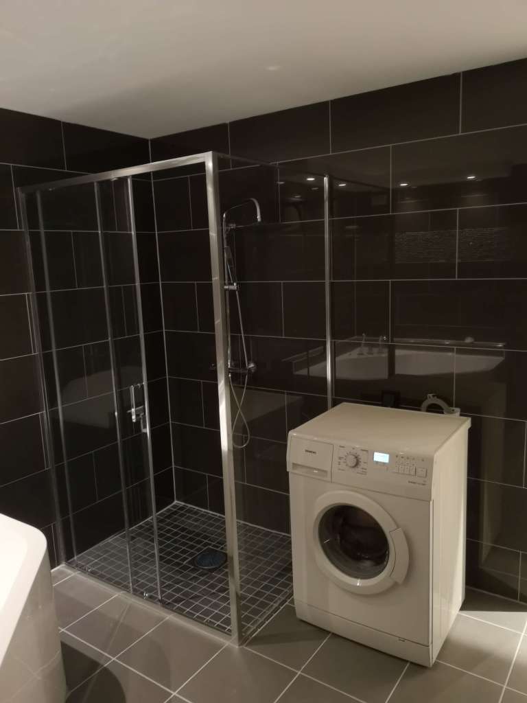 Image of a bathroom with a shower,a washing machine, and black tiles