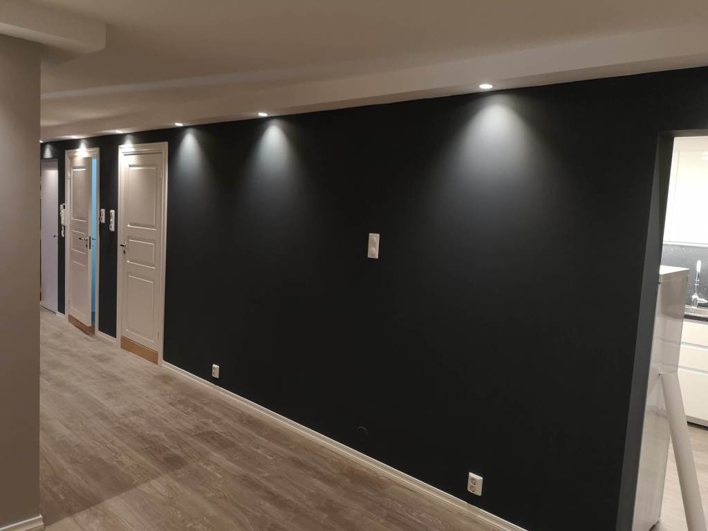 Image of a renovated apartment with dark walls