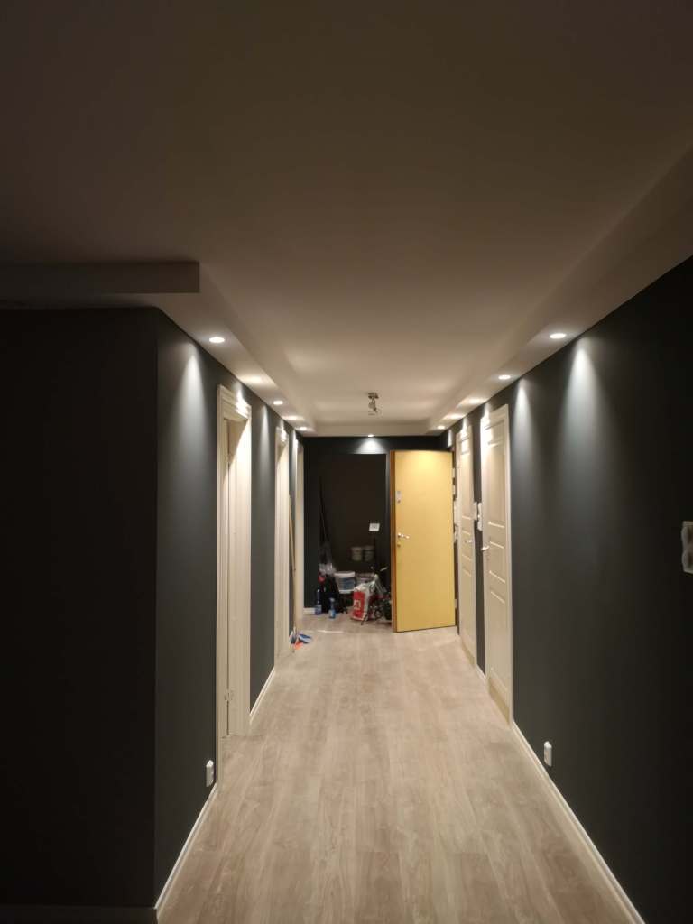 Image of a renovated apartment with dark walls